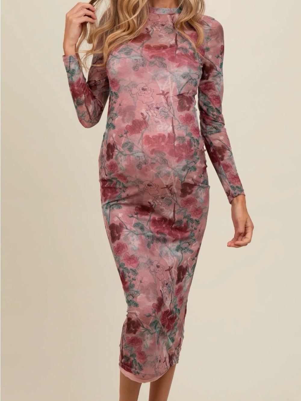 Mauve Floral Printed Mesh Overlay Maternity Maxi Dress